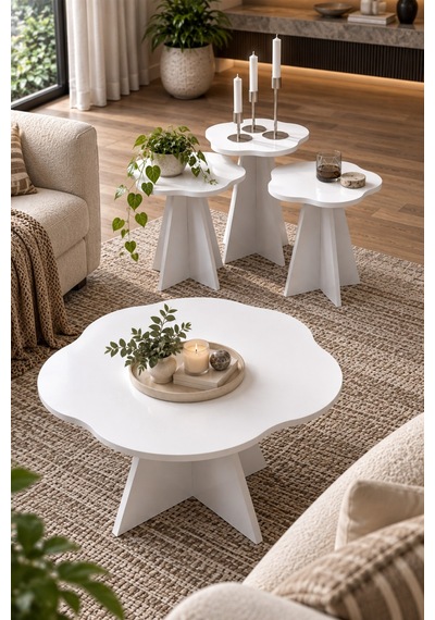 Sulorahome Çiçek Formlu Beyaz 4'lü Sehpa Seti