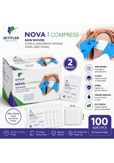 Nova Steril Kompres 7,5cm 7,5cm 4 Katlı 5'li 200'lü 2 Paket