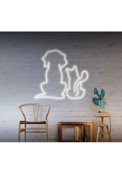 Kedi Ve Köpek Figürlü Neon Tabela Beyaz