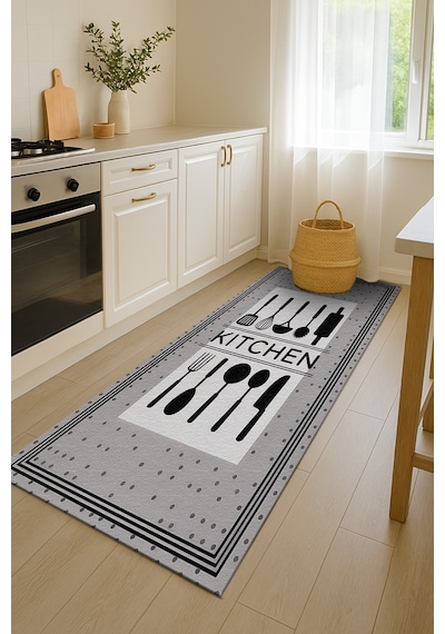Turkıshrug Kıngdom Gri Kitchen Yazılı Halı Süpürgeyle Kolay Temizlenen Modern Tasarım Çok Renkli