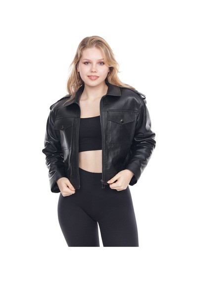 M M Marki Marki Kadın Hakiki Deri Ceket, Gömlek Yaka, Fit Kesim, Crop Model, 1. Sınıf Kalite - 109822 Siyah