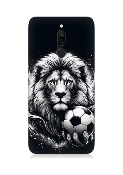 Xiaomi Redmi 8 Uyumlu Siyah Beyaz Aslan Ve Futbol Topu Desenli Silikon Kılıf