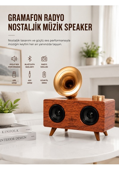 Bluetooth Nostalji Speaker Radyo Gramofon Ahşap Renk Vintage Yeni Nesil 36517532