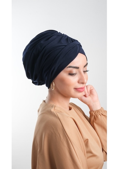 Hürrem Bone Lacivert Pratik Hazır Geçmeli Tesettür Bone Sandy Kumaş Büzgülü 2 Lacivert