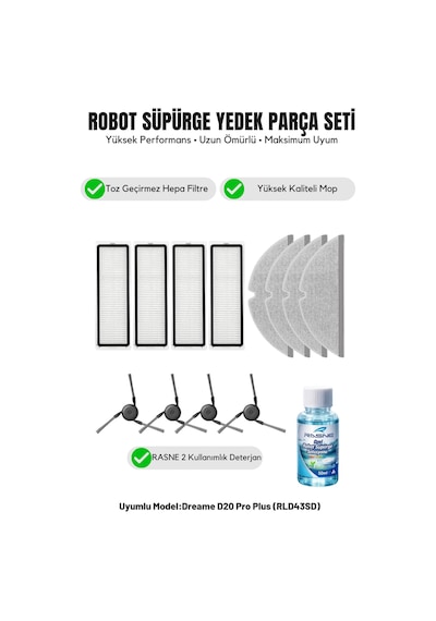Dreame D20 Pro Plus Rld43sd İle Uyumlu 4 Yan Fırça 4 Filtre 4 Mop 1 Deterjan 2.0