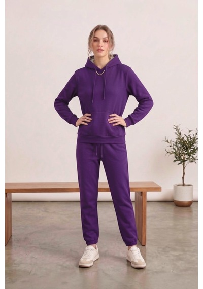 Moibody Kadın 3 İplik Şardonlu Eşofman Takımı Premium Kapüşonlu Sweatshirt Ve Jogger Alt Mor Mor