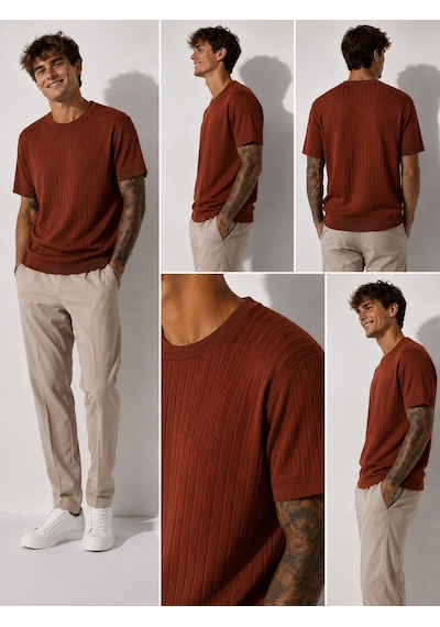 Ribana Erkek Kısa Kollu Fitilli Bisiklet Yaka Esnek T-shirt 26113 Kiremit
