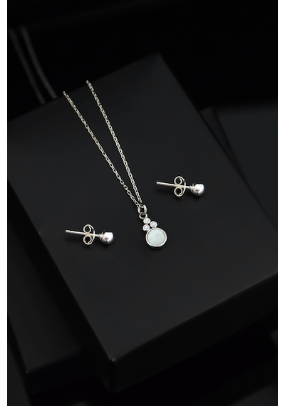 Papatya Silver 925 Ayar Gümüş Rodyum Kaplama Beyaz Opal Yuvarlak Kolye ve Çivili Top Küpe Set