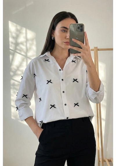 Lela Pamuk Karışımlı Regular Fit Kurdele Detaylı Bayan Gömlek 6773097 Beyaz