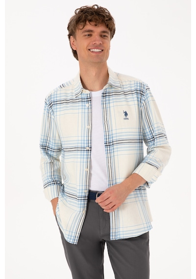 U.S. Polo Assn. Erkek Açık Mavi Ekoseli Uzun Kollu Krem Gömlek 50316632-VR256