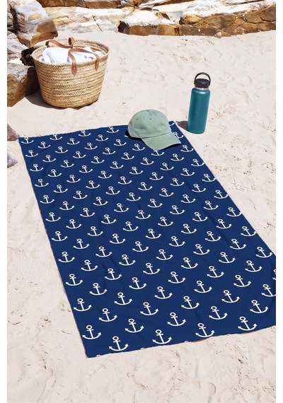 Çapa Marine Lacivert Plaj Havlusu - Nautical Beyaz Lacivert Hızlı Kuruyan Mikrofiber Havlu Kuru Kıyısı