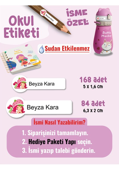 Okul Etiketi Kalem Defter Etiketi Çilek Kız Özel İsim Yazılabilen Etiket - 252adet