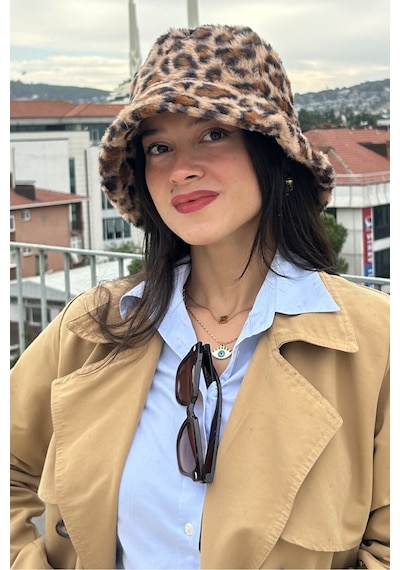 Mollycrush Kadın Kışlık Leopar Desenli Peluş Şapka Soğuk Geçirmez Sıcak Tutan Bucket Camel Leopar