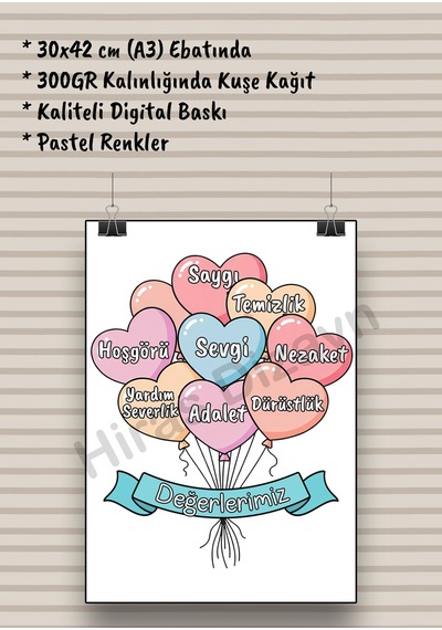 Değerlerimiz Afişi Okul Öncesi Ve İlkokul Eğitici Sınıf Kuralları Poster A3 Boyut 30x42 Cm