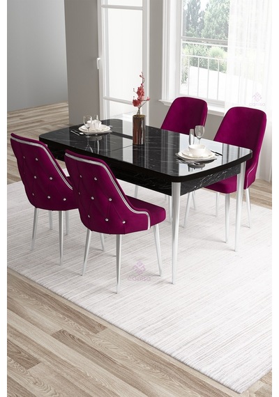 Canisa Tia Serisi, Siyah Mermer 80x132 Açılabilir Mdf Yemek Odası Takımı 4 Mürdüm Sandalye Gümüş Detay Masa Siyah Mermer Desen Sandalye Mürdüm Canisa Tia Serisi, Siyah Mermer 80x132 Açılabilir Mdf Yemek Odası Takımı 4 Mürdüm Sandalye Gümüş Detay Masa Siyah Mermer Desen Sandalye Mürdüm