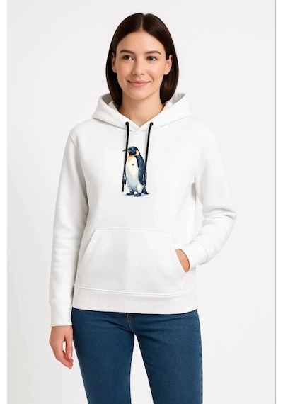 Velmora Fashion Kadın 3 İplik Pamuklu Kapüşonlu Hoodie Sweatshirt Survivor Penguen Baskılı - Beyaz