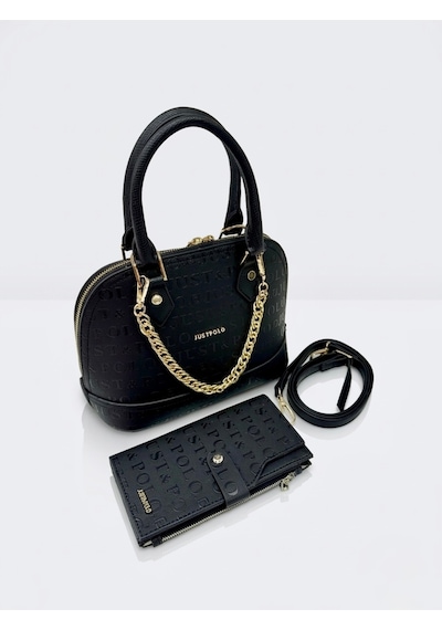 Just Polo Kadın Zincir Detaylı Lüks El & Omuz Çantası Ve Cüzdanı Kombin Shopper Ebat : 25x22 Cm Siyah