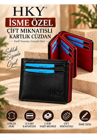 Hky İsme Özel Hakiki Deri Çift Mıknatıslı Erkek Cüzdan Kartlık Siyah - Kırmızı