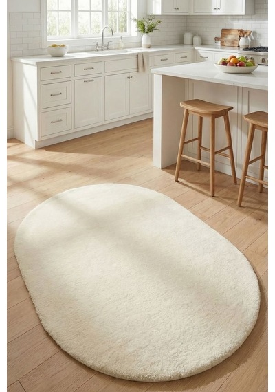 Oval Puffy Yumuşak Peluş Halı , Kaymaz, Yıkanabilir, Antre, Hol, Mutfak, Makyaj Masası Önü Halısı Krem