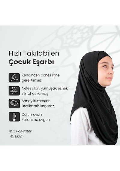 Pratik Hazır Geçmeli Boneli Çocuk Şal Siyah Siyah
