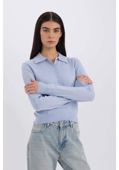 DeFacto Regular Fit Polo Yaka Basic Düz Triko Kazak D6259AX25SPBE250 Mavi