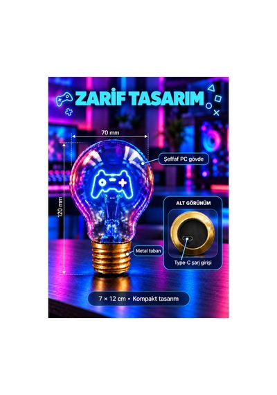 Joystick Neon Dekoratif Masa Lambası Ampul Şeklinde Yeni Nesil Aydınlatma Oyuncular İçin Çok Renkli
