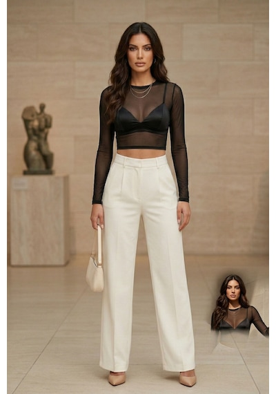 Kadın Siyah Transparan Tül Bluz Uzun Kollu Crop Tül-ince Dokulu Kadın Bluz-body-badi Siyah