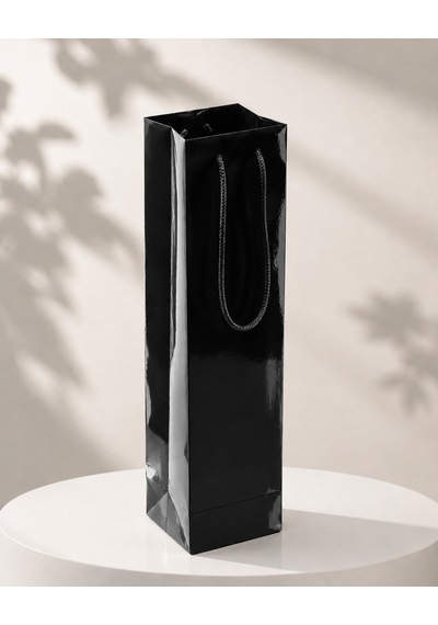 Şişelik İpli Siyah Karton Poşet, 1 Adet - 12x10x38 Cm, Kalın Yapı