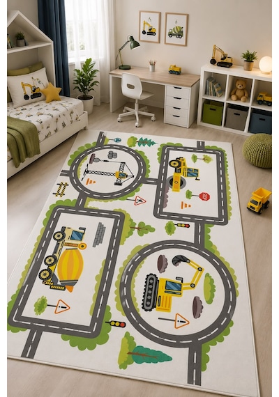 STY Home Kamyon Çocuk Oyun Halısı Kaymaz Makinede Yıkanabilir Eğitici Bebek Ve Çocuk Odası Halısı Oyun71 Beyaz