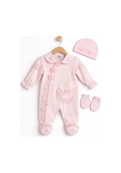Kardeşler Bebe Dantelli Çiçek Nakışlı Kız Bebek Tulum Bere Eldiven Seti Pembe