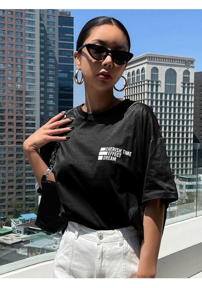 Unisex Siyah Oversize Cheeris Time Baskılı Örme T-shirt Siyah