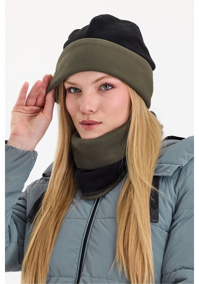 Butikgiz Kadın Dış Kısım Polar, İç Kısım Kaşkorse Pamuklu, Çift Renk, Çift Kat, Katlanabilir Bere Boyunluk Set Siyah-haki