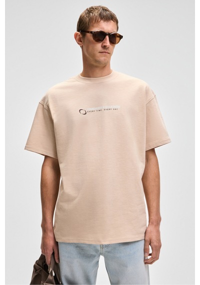Grimelange MANOL Erkek Bisiklet Yaka %100 Organik Pamuklu Oversize Fit Bej T-Shirt