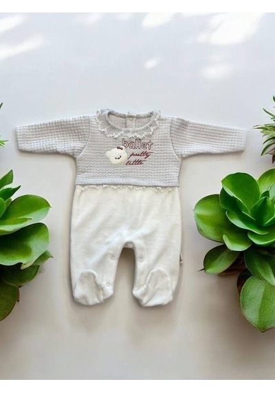 Bebe Ceyiz Sarayı Kız Bebek Ayıcıklı Kadife Dantelli Patikli Tulum-15131 Ekru