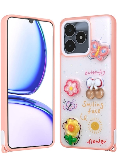 Realme C53 Kılıf Parlayan Simli Kabartma Figürlü Zore Cevze Kapak Pembe