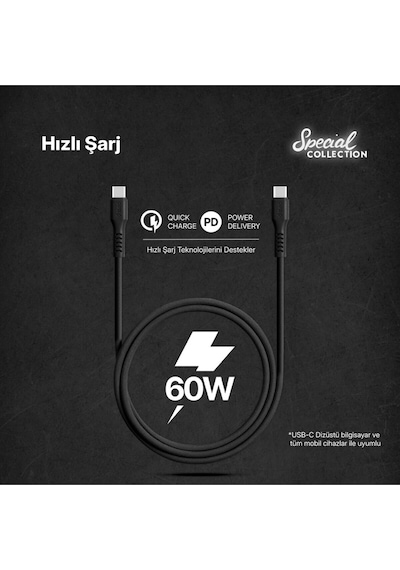 Usb-c - Usb-c 120cm 60w Pd/qc Hızlı Şarj/data Kablosu