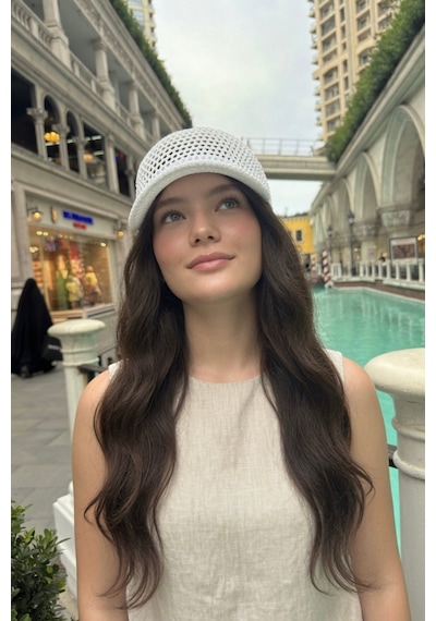 Mollycrush Simli Ajurlu Kep Şapka Günlük Yazlık Tarz Beyaz Kadın Delikli Triko Beyaz
