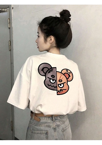 Flood Of Style Kadın Beyaz Figür Ayı Baskılı Oversize