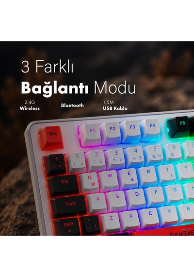 Troya Mix Rgb Mekanik Oyuncu Klavyesi, Kablosuz 3 Mod, Red Switch, Full Anti-ghosting, 4000 Mah, Türkçe Q, Numpad Kar