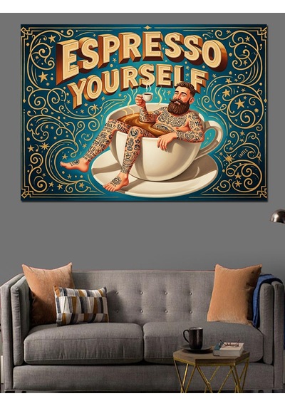 "espresso Your Self" Dövmeli Adam Vintage Kahve Afişi Dekoratif Kanvas - Mdf Ahşap Tablo