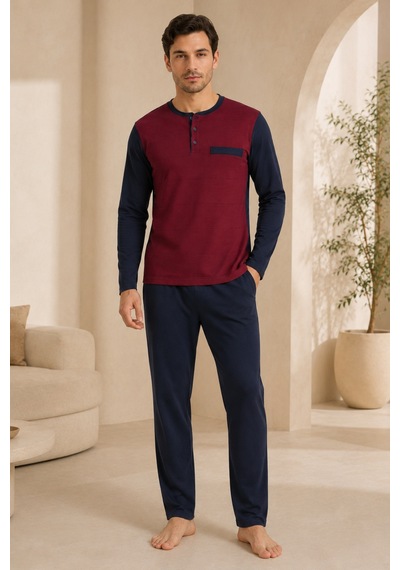 Loule Erkek Bordo Jakarlı Penye Yazlık Kışlık Pijama Seti 4 Parça