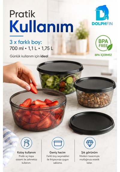 3 Lü Yuvarlak Saklama Kabı Seti 700 Ml 1,1 L 1,75 L Füme Şeffaf Bpa İçermez Siyah