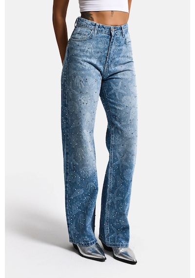 it's basic Kadın Kot Rengi T-2s6-27 Straight Fit Özel Baskılı Kumaş Parlak Taşlı Tasarım Denim Jean