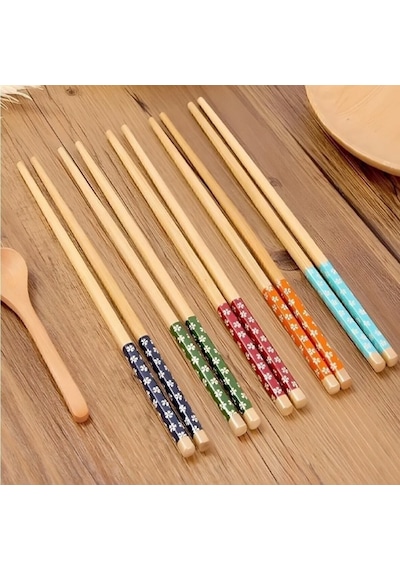 Mucit Home 5 Çift Bambu Chopstick Desenli Yıkanabilir Çin Suşi Ramen Noodle Yemek Çubuğu