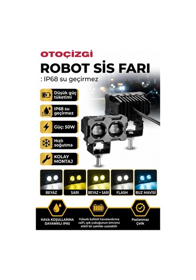 Robot Sis Farı Çift Renk Buz Mavi -beyaz Araç Motosiklet Off Road Led Lamba 50w Metal 1 Adet