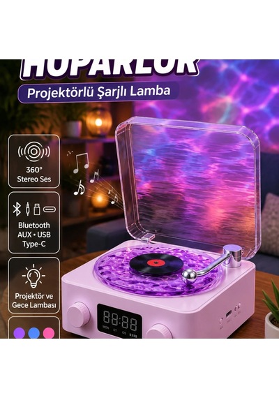 Retro Pikap Tasarımlı Bluetooth Hoparlör Projektörlü Şarjlı Gece Lambası