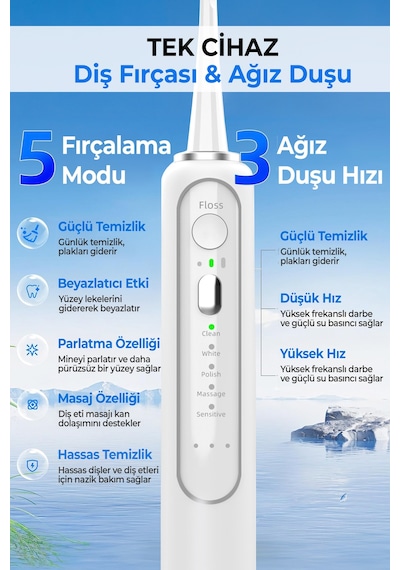 Einsteel Şarj Edilebilir Elektrikli Diş Fırçası , Su Püskürtmeli Ağız Duşu Ve Diş Temizleme Seti Beyaz Şarjlı