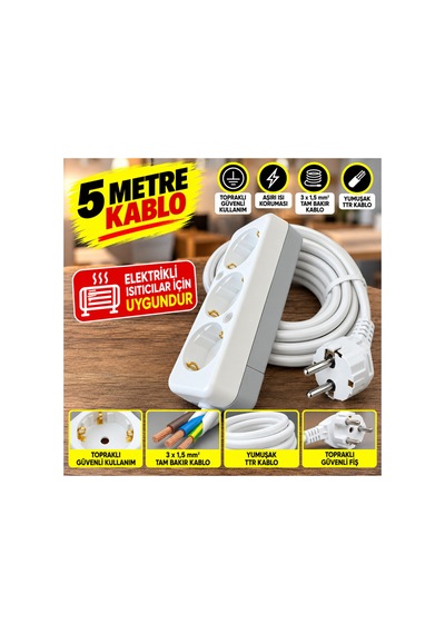 5 Metre 3'lü Topraklı Uzatma Priz 3x1,5 Mm² Tam Bakır Kablo Elektrikli Soba Isıtıcı Ev Ofis Için Güçlü Uzatma Kablosu Beyaz - 939004791 4 - 5 M 5 Metre 3'lü Topraklı Uzatma Priz 3x1,5 Mm² Tam Bakır Kablo Elektrikli Soba Isıtıcı Ev Ofis Için Güçlü Uzatma Kablosu Beyaz - 939004791 4 - 5 M