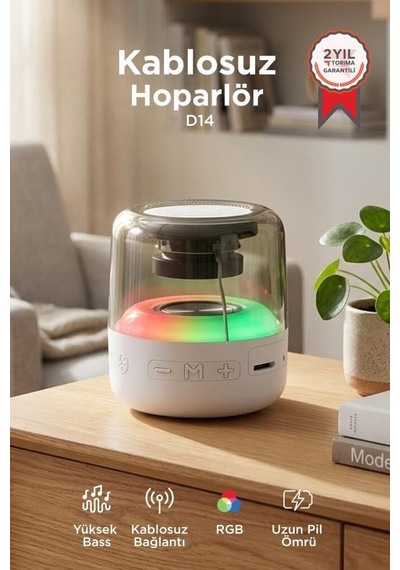 Delux Serisi Bluetooth Hoparlör D14 Beyaz Kadın Erkek Kablosuz