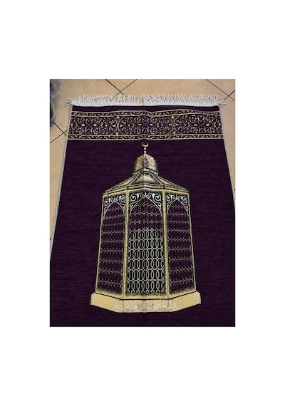 Makam-ı İbrahim Desenli Seccade Altın Detaylı, Burma Püsküllü, Kadife Dokulu Premium Namaz Seccadesi Mor Çok Renkli